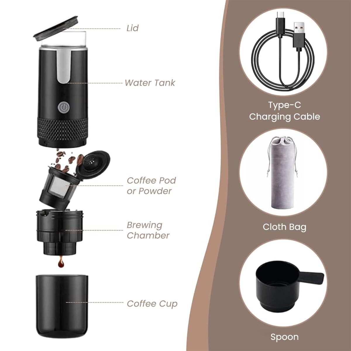 Supvox Travel Espresso Machine for Coffee Lovers with USB Rechargeable Design | Compatible with K Cup Capsules and Ground Coffee