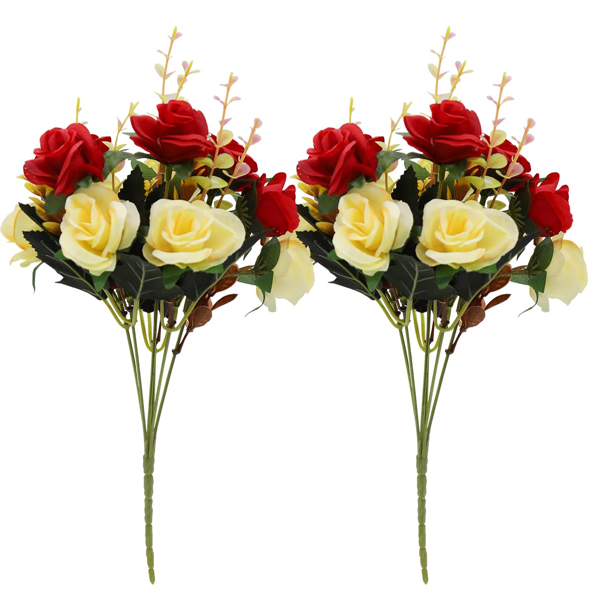 HASTHIP Artificial Rose Flowers for Home and Wedding Decor with 2 Bundles 24 Silk Roses | Red and White Room Decoration