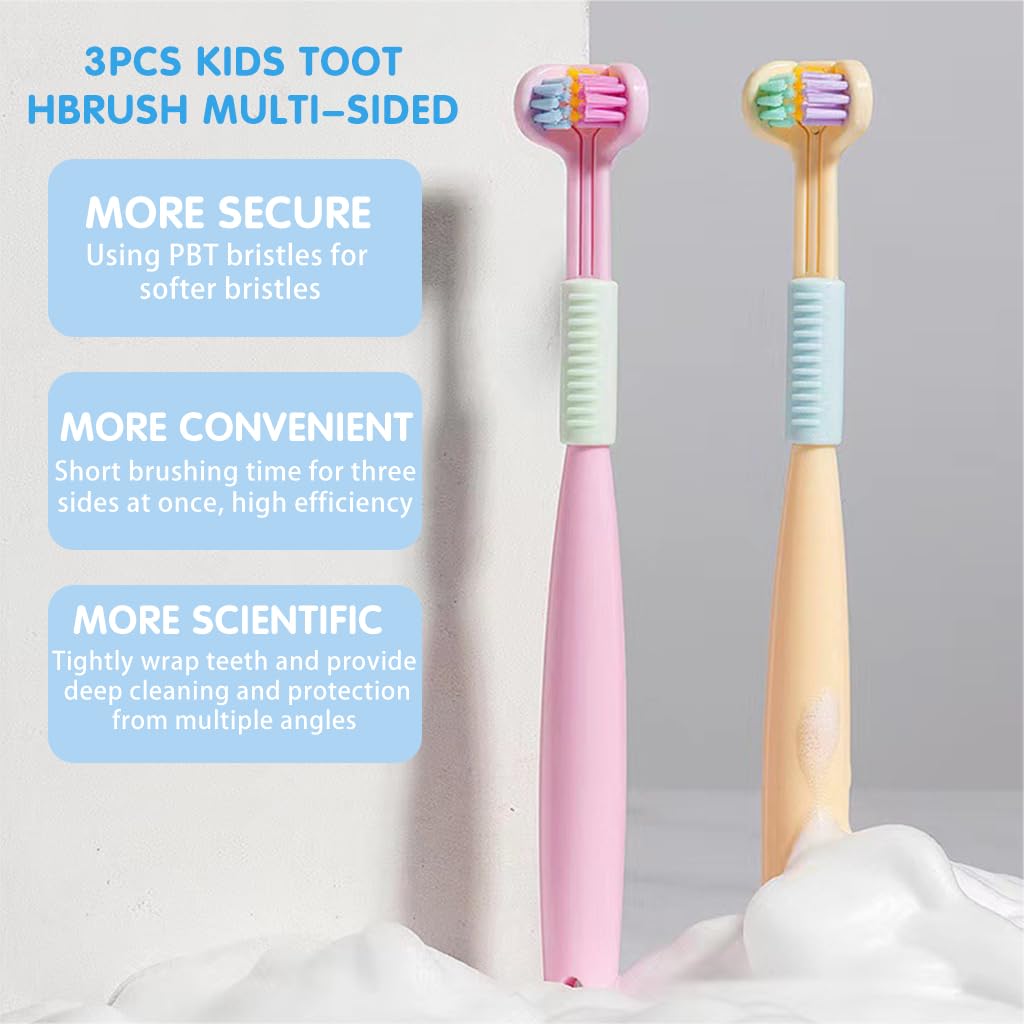 HANNEA Toothbrush for Kids 3 Pcs with Multi Sided Soft Bristles and Tongue Scraper | Gentle Dental Care