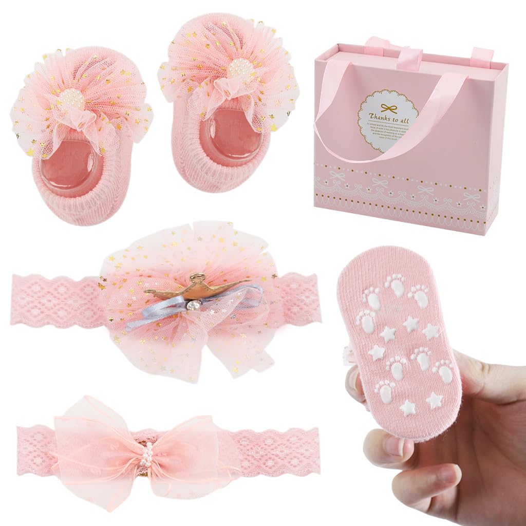 SNOWIE SOFT Baby Girl Shower Gift Set 3pcs with Crown Headband and Pink Footwear | Newborn Princess Gift