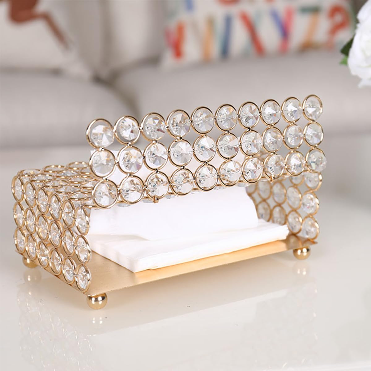 HASTHIP Tissue Box Holder for Bathroom and Dresser featuring Crystal Beads and Metal Frame 9x3.93x5.1 in