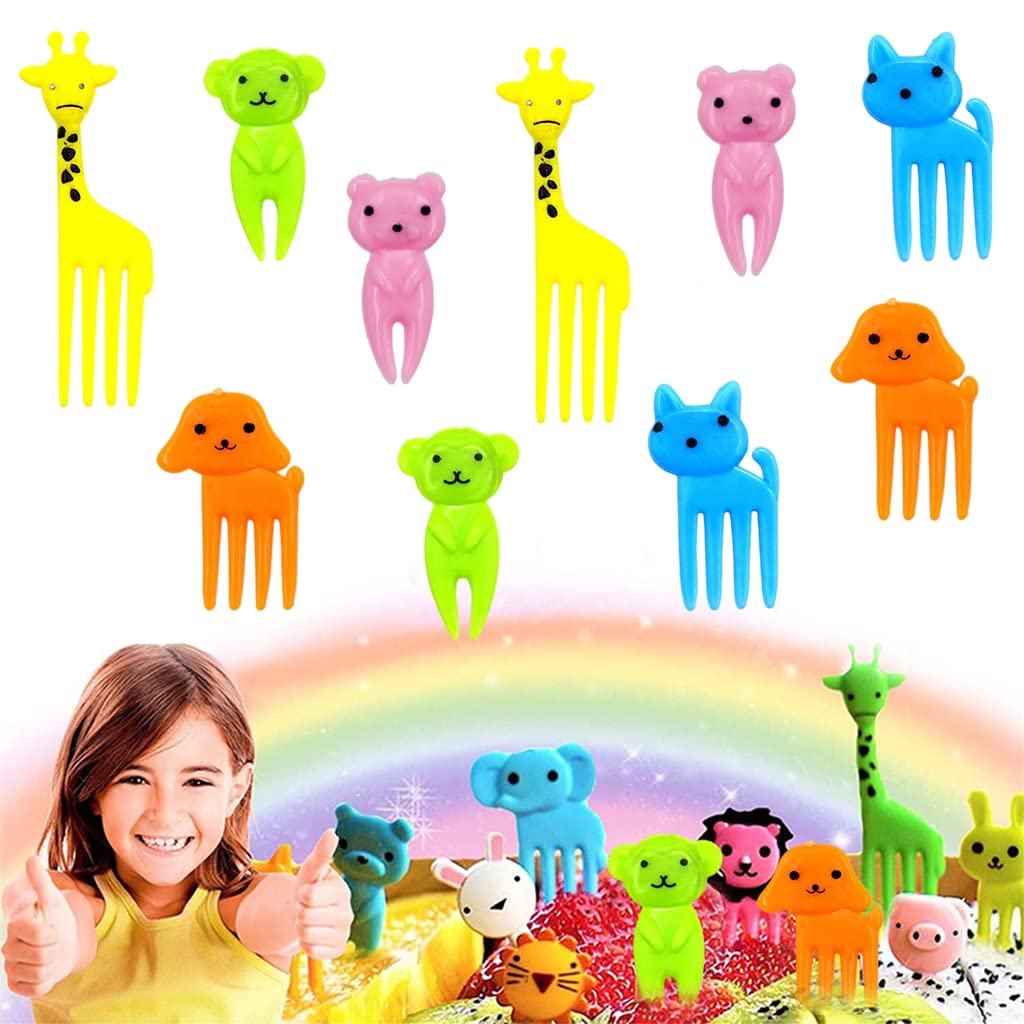 HASTHIP Dessert Fruit Forks for Kids with Rounded Tip Design 10 Pcs Food Grade Plastic | Cute Animal Mini Forks for Parties