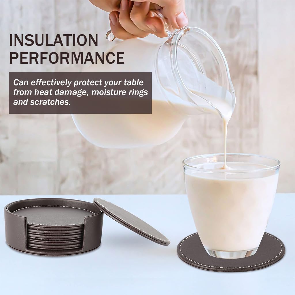 HASTHIP Leather Coasters Set for Table Protection with Holder and PU Insulation | Brown 6Pcs