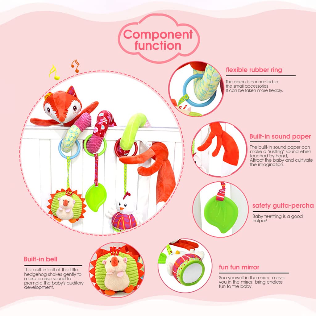 SNOWIE SOFT Baby Hanging Toy for Car Seat and Stroller with Spiral Design & Teethers | Soft Plush Fox Rattle for Newborns 0–12 Months