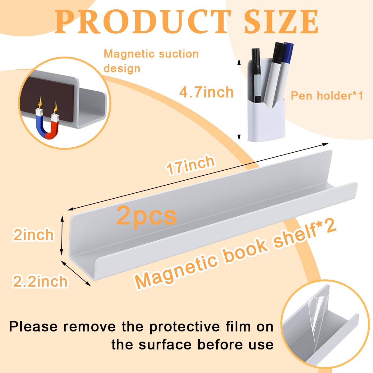 Climberty® 2 Pcs Magnetic Book Shelf for Whiteboard, Reusable Acrylic Magnetic Book Holder with a Pen Container, Book Display Shelf for Teacher Kids Classroom Office (White)