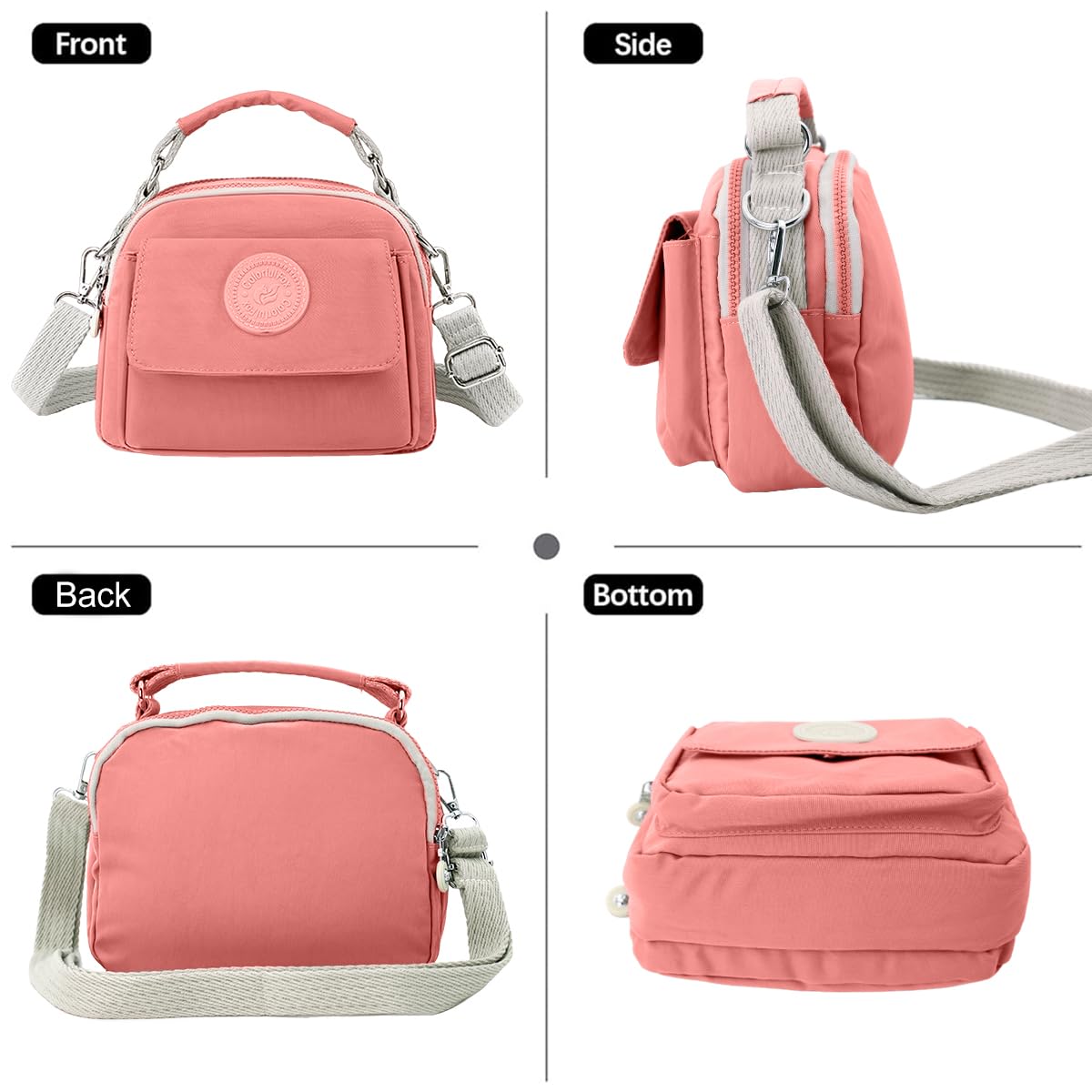 PALAY® Womens Crossbody Bag with Handle Fashion Shoulder Bag Sling Bag Travel Casual Handbag Triple Layer Small Shoulder Messenger Bags Waterproof Nylon Bag, Pink