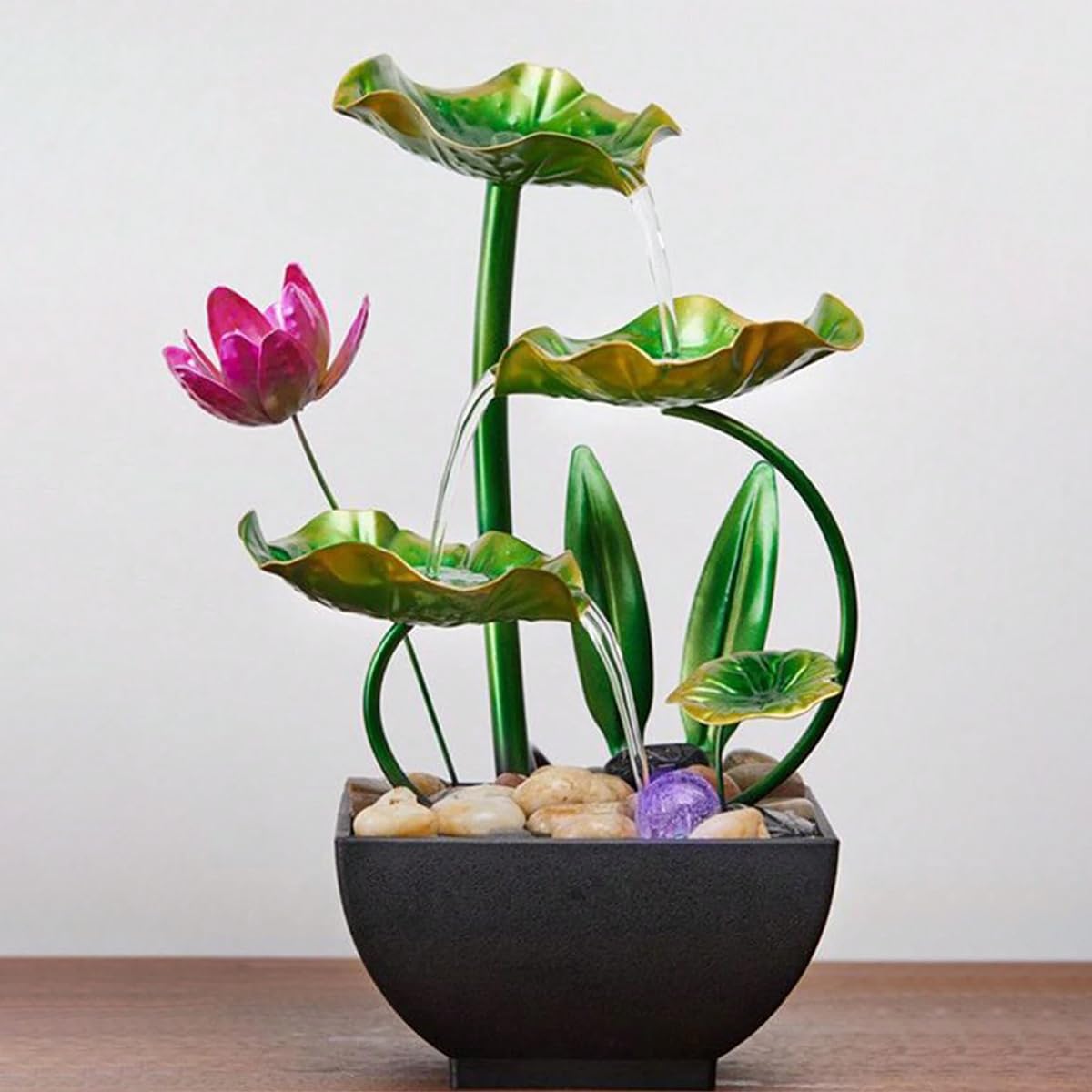 HASTHIP 3 Tier Lotus Desk Fountain for Home Relaxation with Cascading Water and Rocks