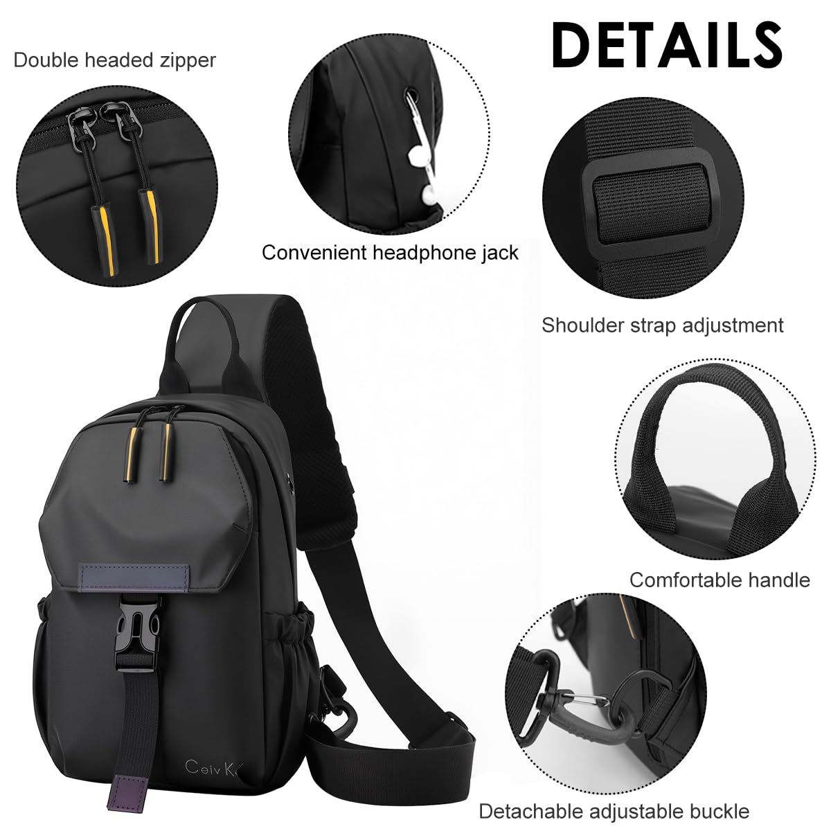 PROBEROS Men's Chest Bag for Business and Travel with USB Charging Port 16×8×27cm | Black Waterproof Crossbody