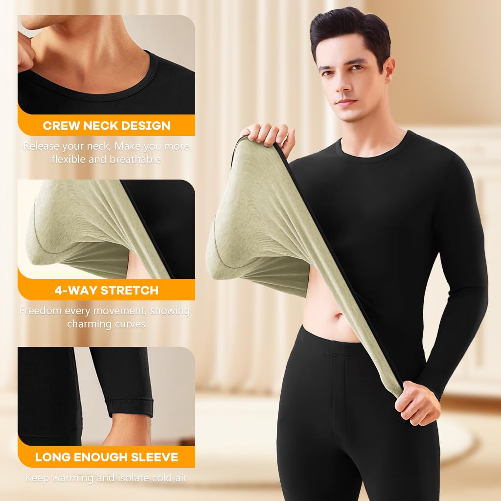 SANNIDHI Thermal Underwear for Men with Fleece Lined 2PCS Top and Bottom Set Black | 92% Polyester 8% Spandex Base Layer for Cold Weather