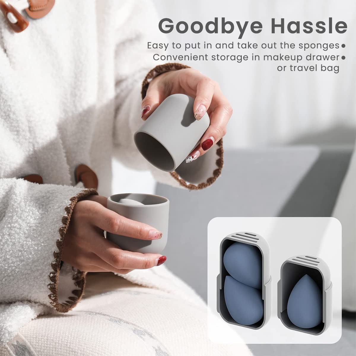 MAYCREATE Beauty Blender Case for Travel and Home Use with Breathable Lid Design | 58×58×75mm Silicone Grey Container
