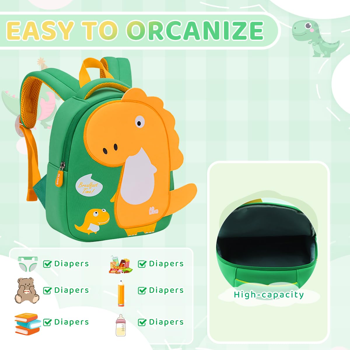 PALAY School Backpack for Kids with 36×29×16cm Capacity and Side Zipper | Waterproof Dinosaur Print