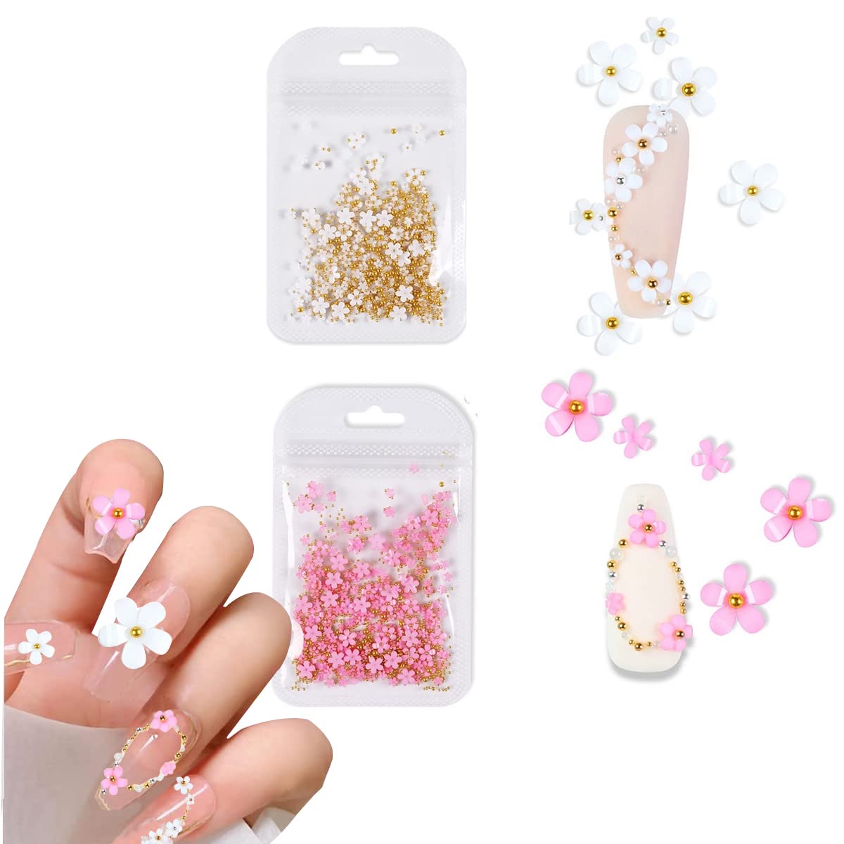 HASTHIP® 3 D Flower Acrylic Decals for Nail Charms Art,DIY Manicure Salon Accessories for Women & Girls, 400 Pcs Resin Flower Decals with Golden Beads