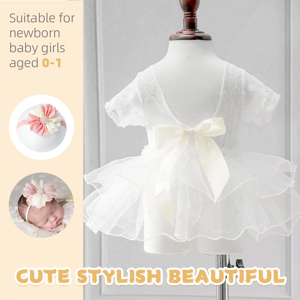 SNOWIE SOFT® Baby Girls Lace Infant Clothes for Newborn Photography Flower Princess Headband and Bow Lace Dress Kit for Infant Girls Newborn Photography Props Newborn Infant Baby Girls Shower Gift