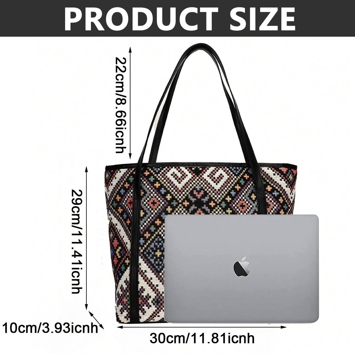 PALAY® Tote Bag for Women Vintage Jacquard Print HandBags With Zipper Closure Leather Large Capacity Shoulder Bag for Shopping, Commuting, School