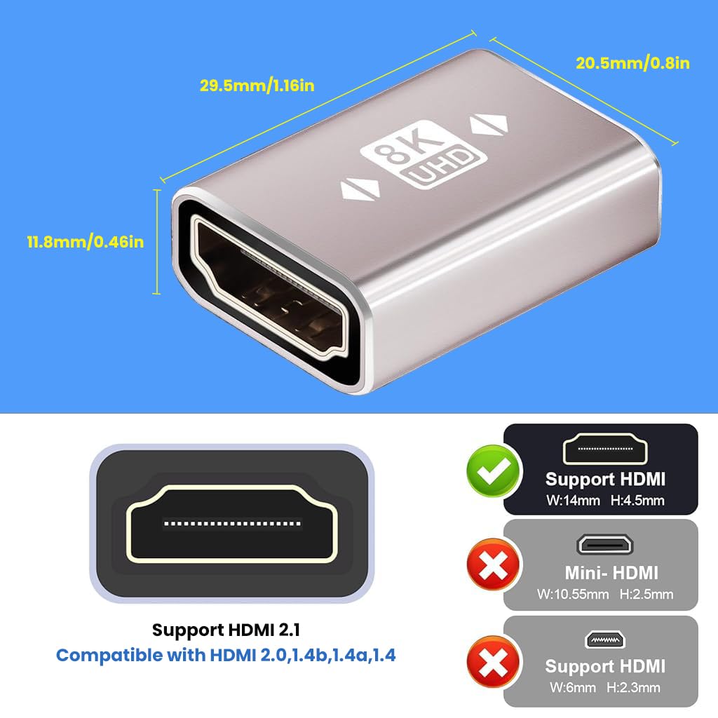 Verilux HDMI Connector for 8K@60Hz Displays featuring Female to Female 2.1 Extension Adapter