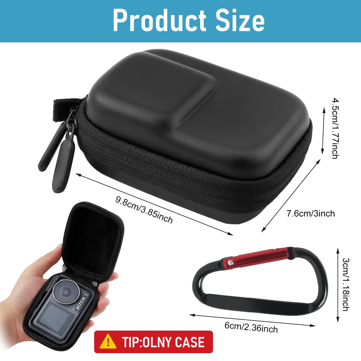 ZORBES® Carrying Case for OSMO Action 5 Pro/4/3 Waterproof PU Hard Shell Storage Bag Plush Lining Design Action Camera Travel Case with Handstrap & Carabiner, 9.8 * 7.6 * 4.5cm