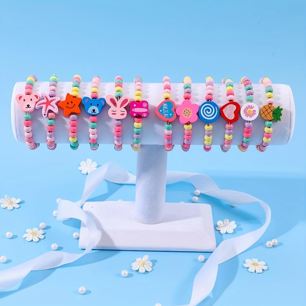 PALAY Bracelets Set for Girls featuring 12Pcs Elastic Wooden Beads | Cute Cartoon Design