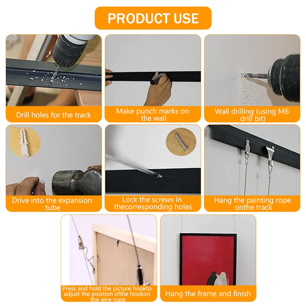 HASTHIP Picture Hanging Kit for Picture Rails featuring 59 in Adjustable Wire Hooks | Silver