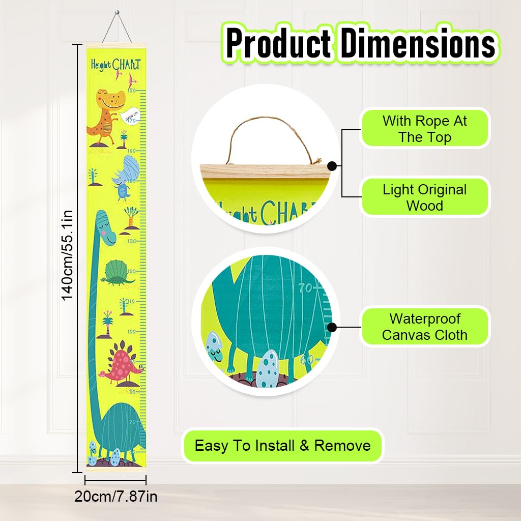 SNOWIE SOFT® Cartoon Dinosaur Growth Chart for Kids 60-180cm Wall Hanging Growth Chart for Kids & Teenagers Canvas Cartoon Growth Chart Waterproof Canvas Growth Chart for Kid's Room