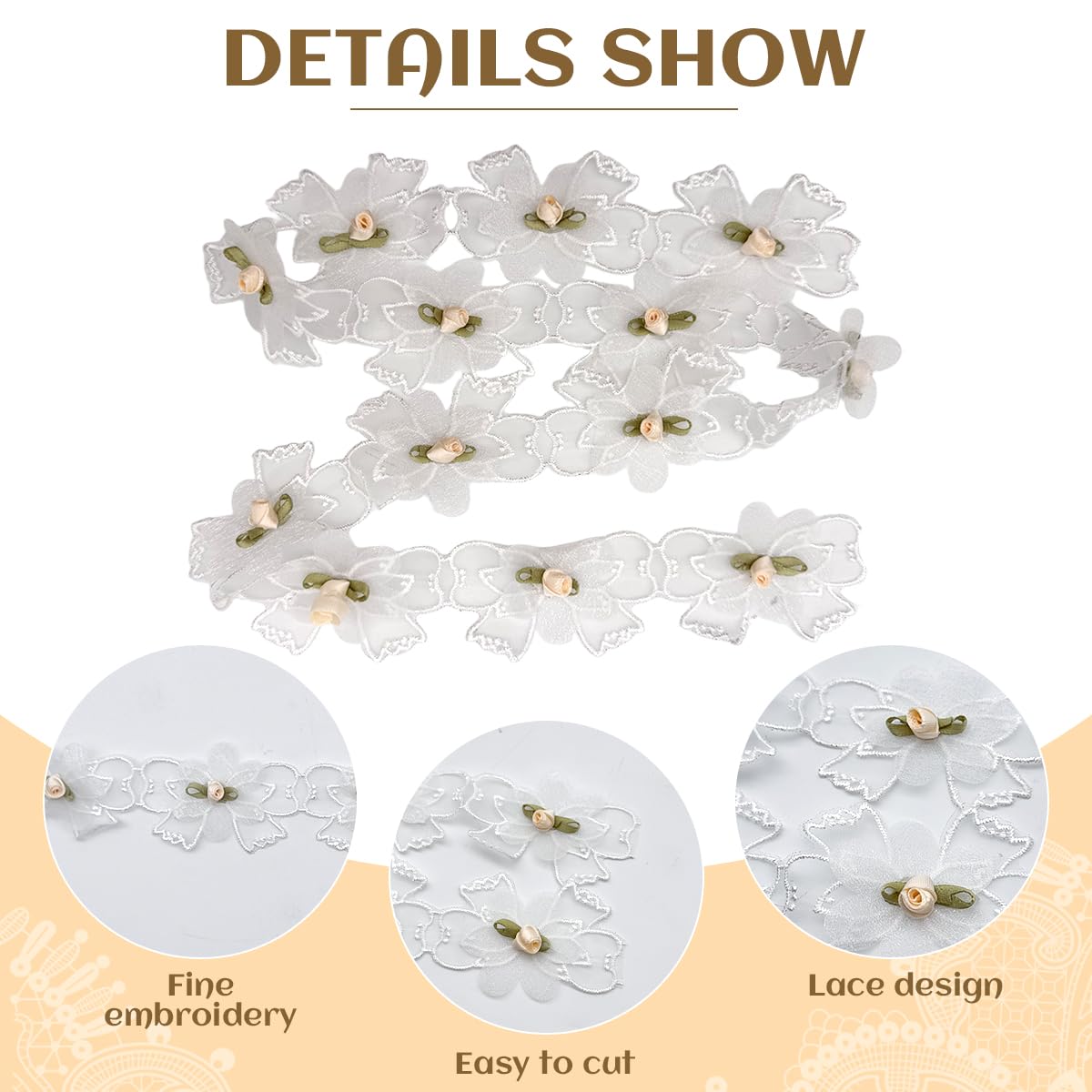 HASTHIP Lace Ribbon Trim for DIY Crafts featuring Floral Bow Design 5.5 cm Width | White 1 Yard 3 PCS
