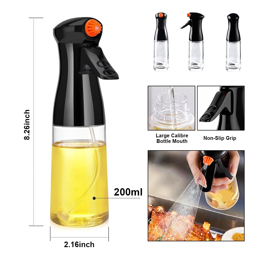 Supvox® 200ml Oil Spray Bottle with 2 Spray Modes, Glass Olive Oil Sprayer, Refillable Food Grade Oil Vinegar Spritzer Sprayer Bottles for Kitchen, Air Fryer, Salad, Baking, Grilling, Frying (Black)