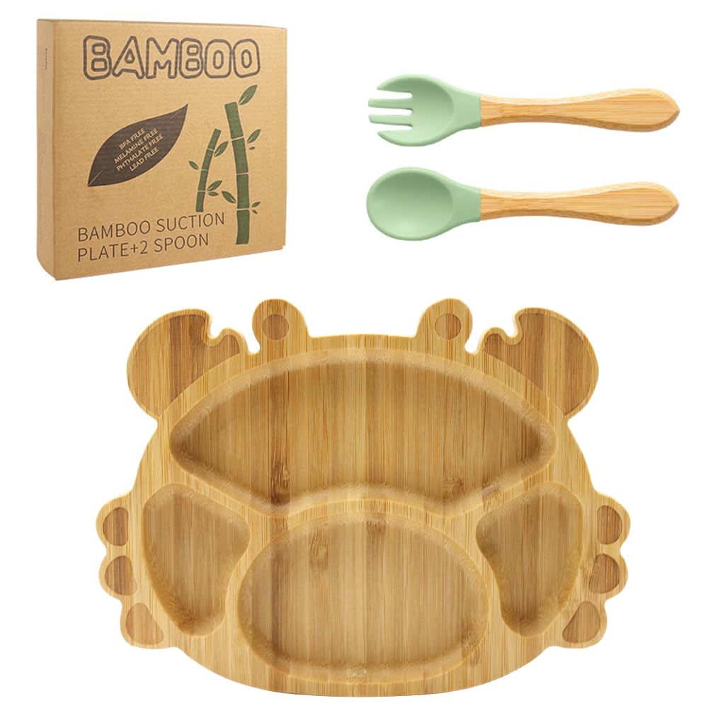SNOWIE SOFT Baby Plate Kit for Toddlers with 3 Pcs Set featuring Suction Cup Bamboo Dish | BPA-Free and Dishwasher Safe
