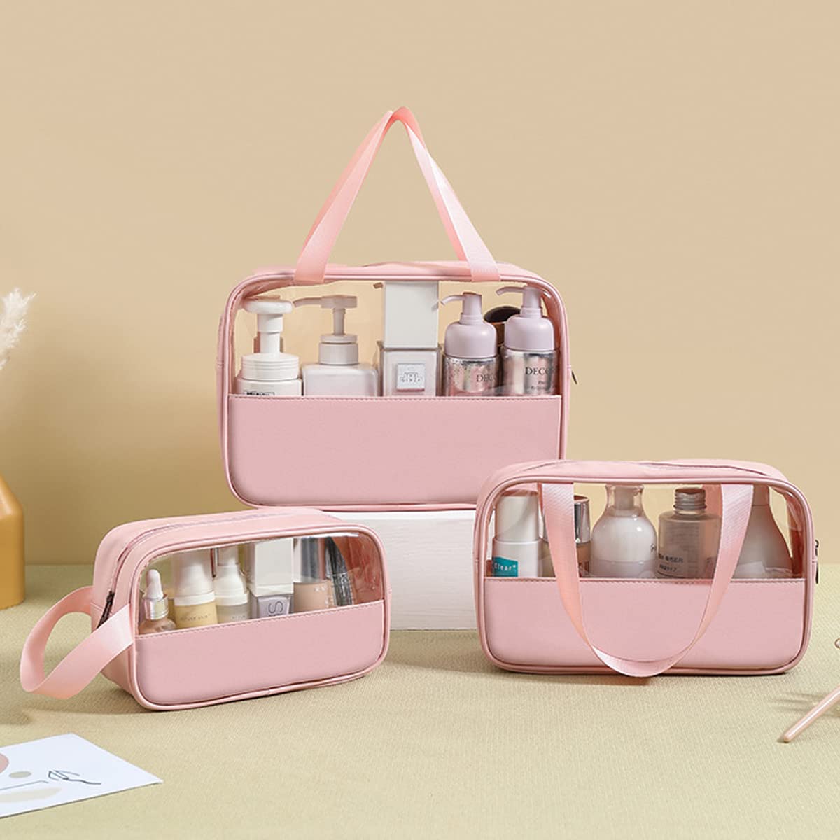 MAYCREATE Makeup Pouch Set for Travel and Home with Reinforced Handle | 3 Pcs Waterproof Rose Pink Bags