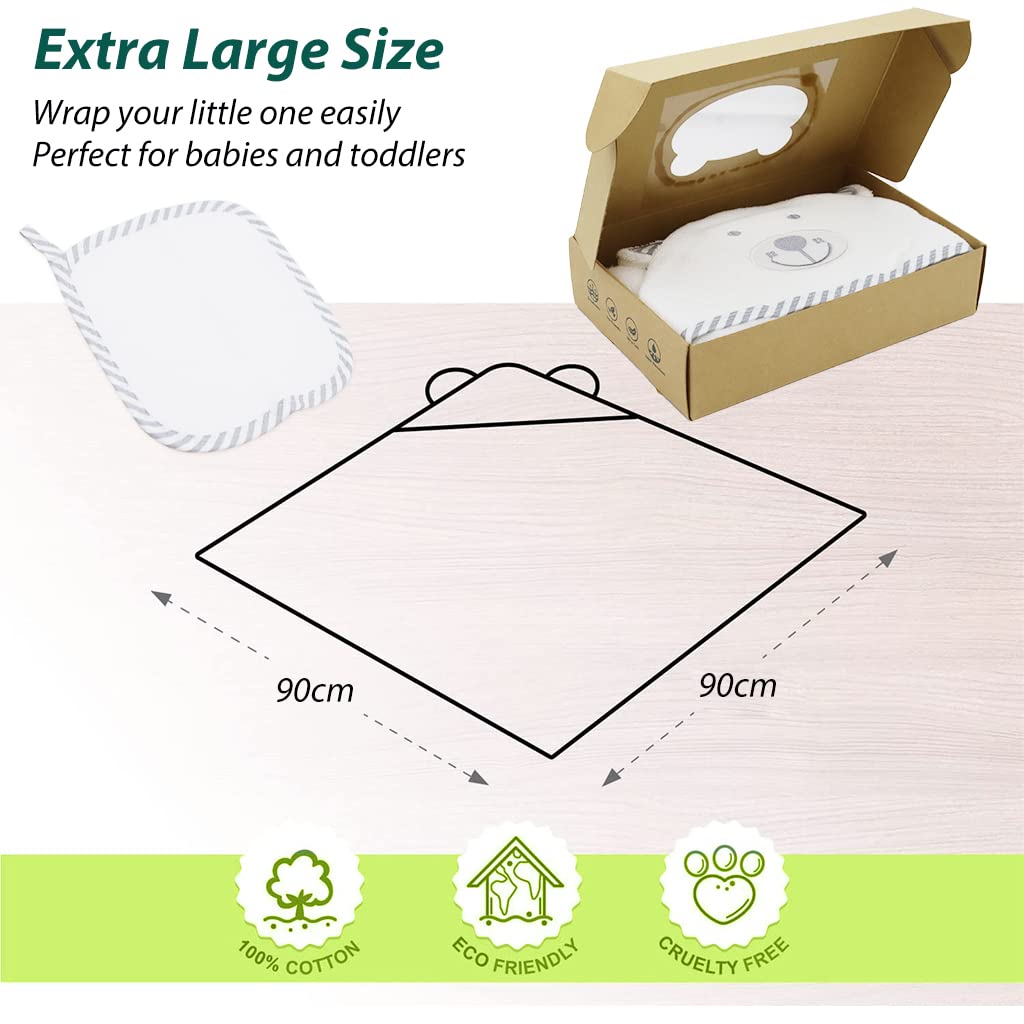 SNOWIE SOFT Baby Bath Towel for Newborns with 90×90 cm Hooded Bear Design | Bamboo Fiber Set