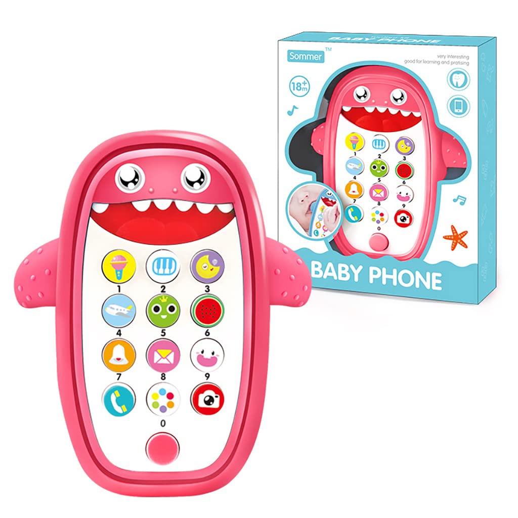 PATPAT Cartoon Teether Shark Toy Phone for Babies with 12 Sound Buttons and Glow Light | Food Grade Silicone Interactive Music Toy