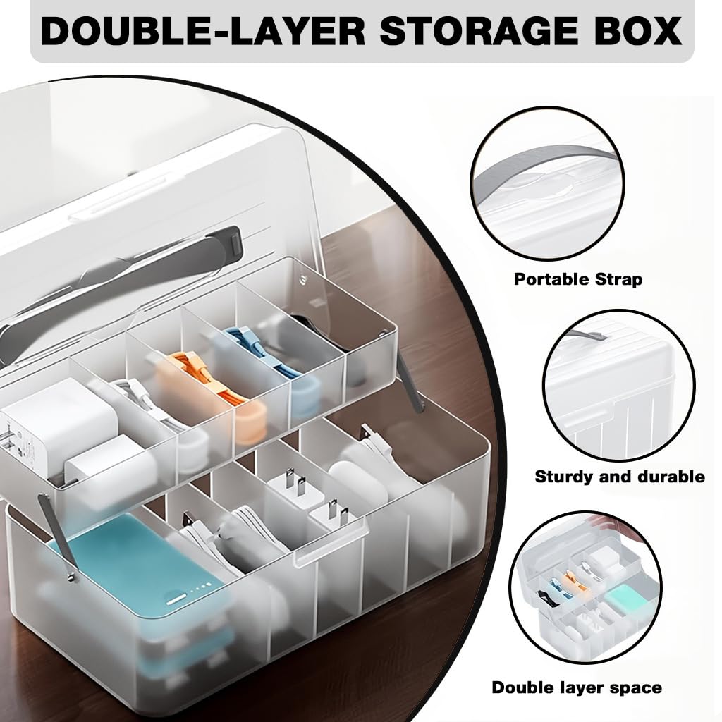 HASTHIP Cable Organizer Box for Travel with Dual Layer 11 Compartments and PP Material | 24x12.7x10.5cm