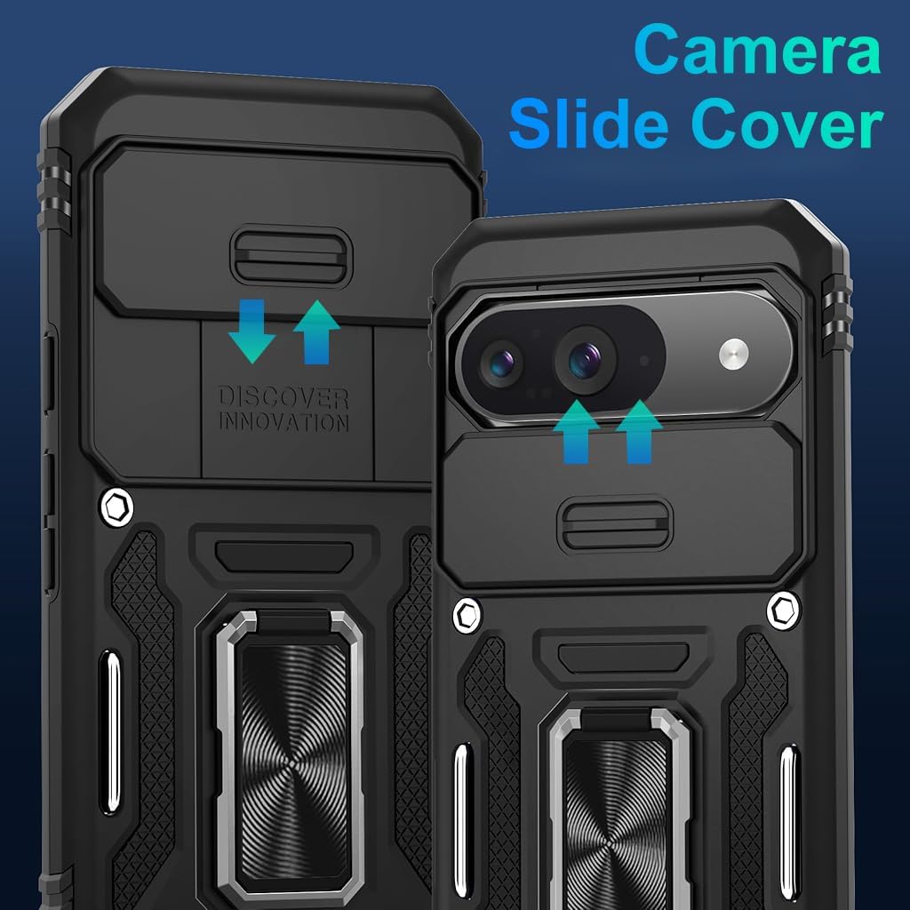 ZORBES Magnetic Phone Case for Google Pixel 9 and 9 Pro with Sliding Camera Shield | Rugged Shockproof Full Body Cover featuring Kickstand Ring and TPU Frame