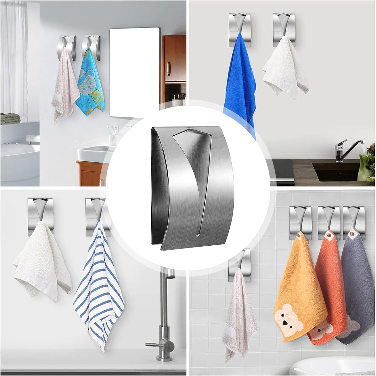 HASTHIP® 2 Pcs Kitchen Towel Holder Grabber Self Adhesive, Stainless Steel Kitchen Dish Towel Hook, Wall Mount Non-Drilling Hand Towel Hanger Towel Holders for Bathroom Kitchen Cabinet