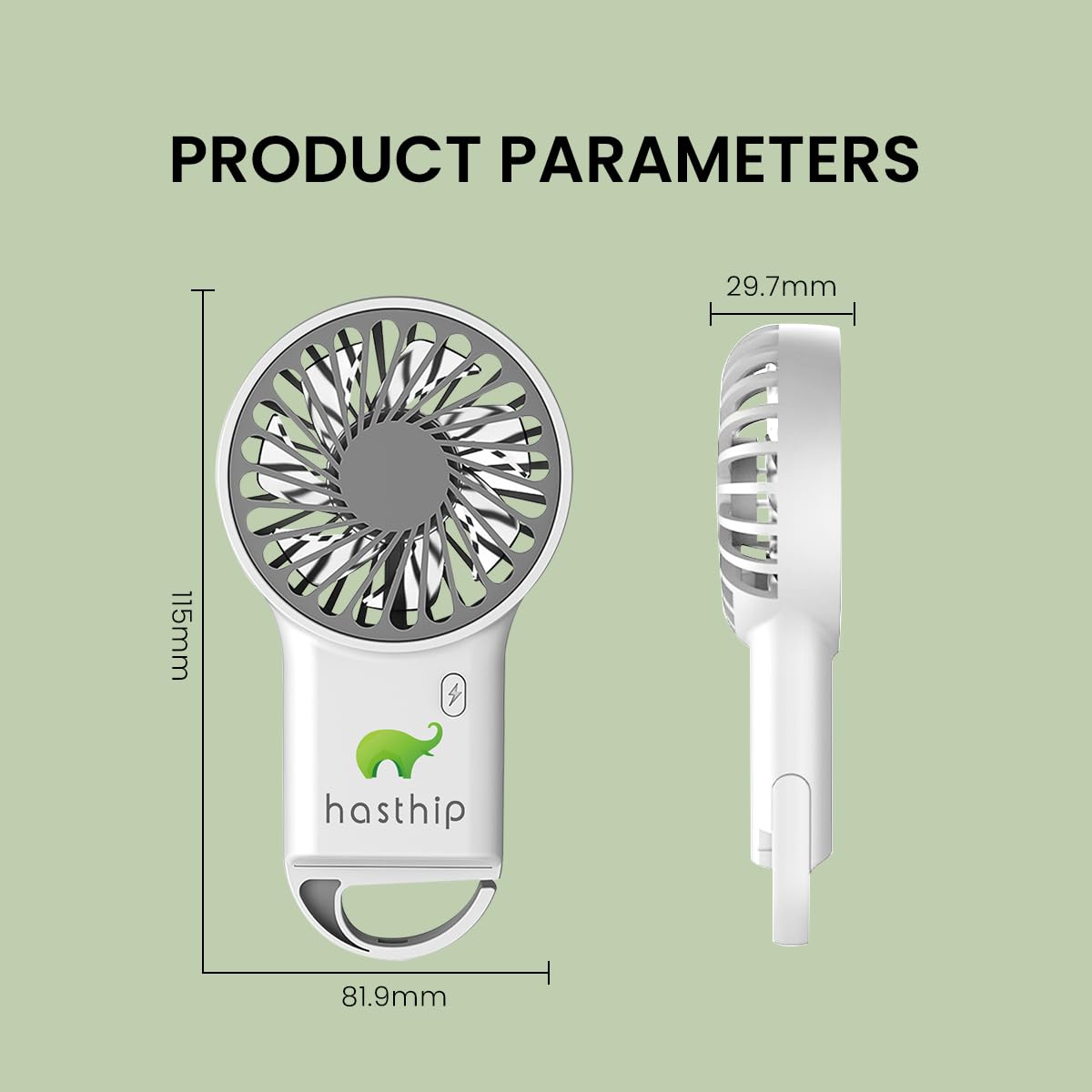 HASTHIP Handheld Mini Fan for Travel and Office with 800mAh Battery featuring Folding Tail Hook | Quiet USB Rechargeable Pocket Fan in White