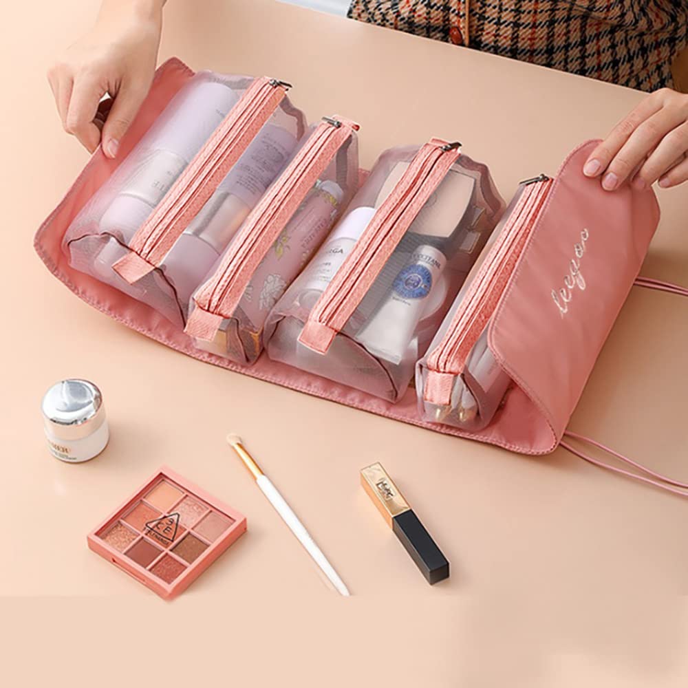 MAYCREATE® Makeup Pouch for Women Cosmetic Toiletries Bag Organizer for Travel Roll-Up Storage Bag with 4 Zipper Removable Compartments for Maekup Brushes, Personal Care, Medicine