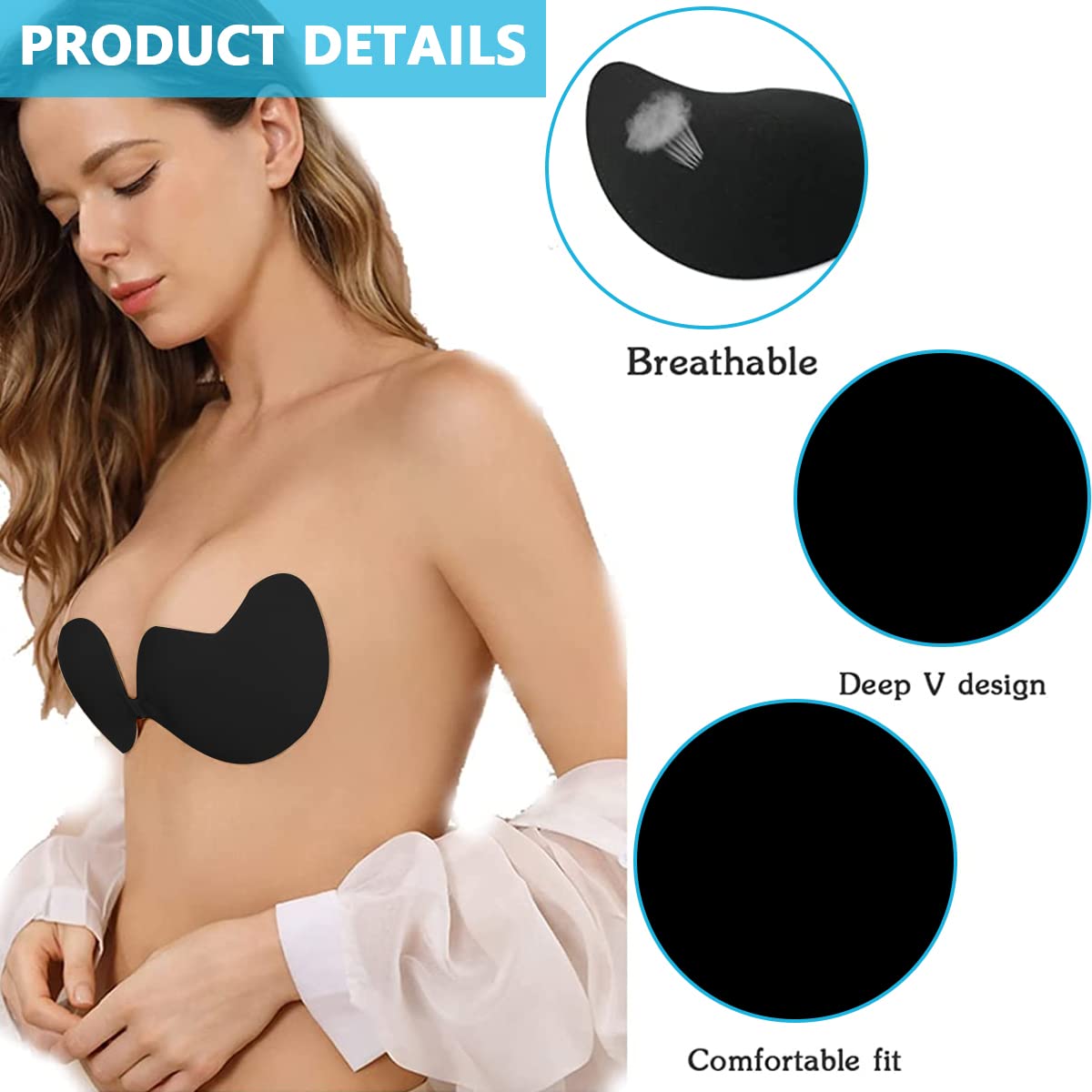 MAYCREATE® 1 Pair Silicone Wire Free Stick-On Bra Padded, Adhesive Bra Strapless Silicone Invisible Push Up Reusable Self Sticky Bra for Backless Dress Stick on Bra, Black, C