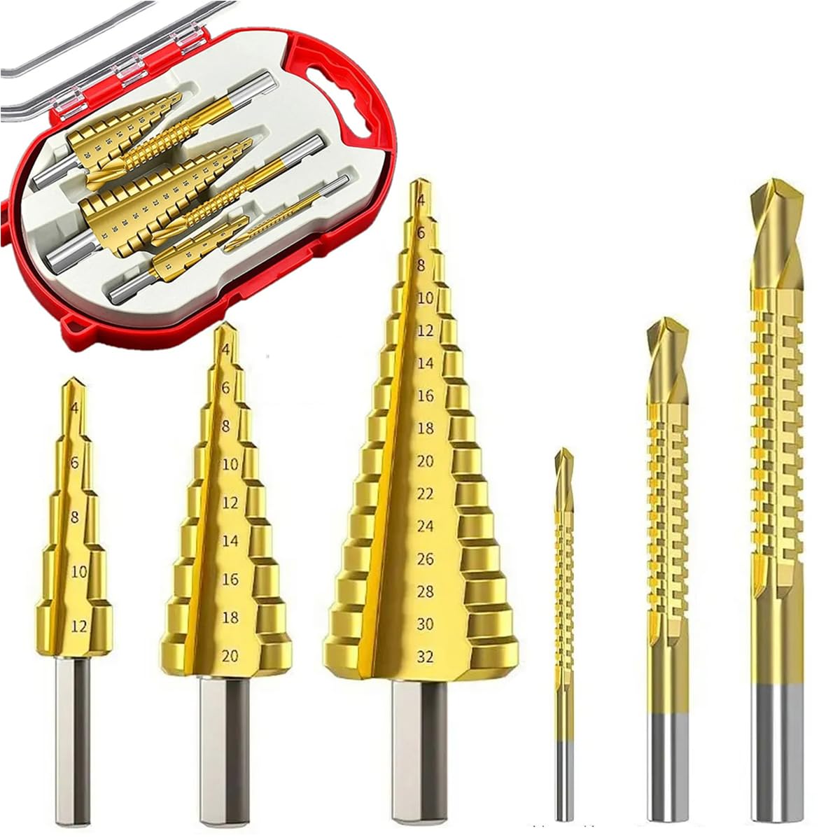 Serplex Step Drill Bits Set for Metalworking and Woodworking with 30 Sizes 4–32mm | Includes 3 Twist and Saw Bits