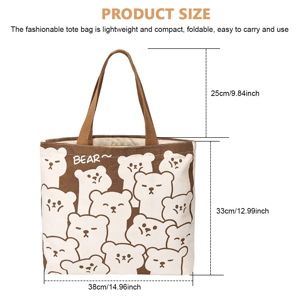 Venzina Tote Bag for Women with 40×35×6cm Capacity featuring Double Lining Canvas | Cute Cartoon Bear Print for Shopping and Daily Use