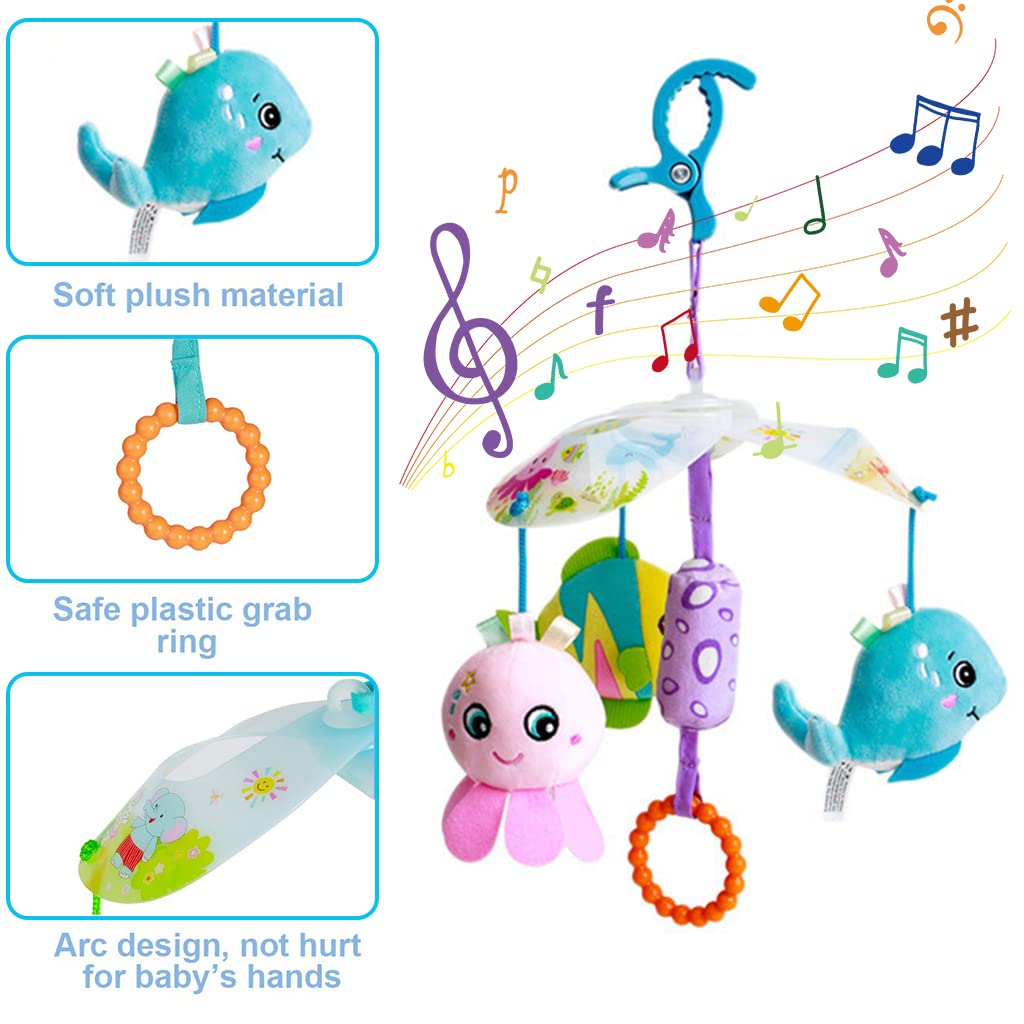 PATPAT® Hanging Toys for Babies 0-6 Months, New Born Baby Toys Rattle Crinkle Soft Toys Car Seat Plush Stroller Toy with Teethers Plush Animal C-Clip Ring for Infant Babies 3 6 9 to 12 Months - Ocean