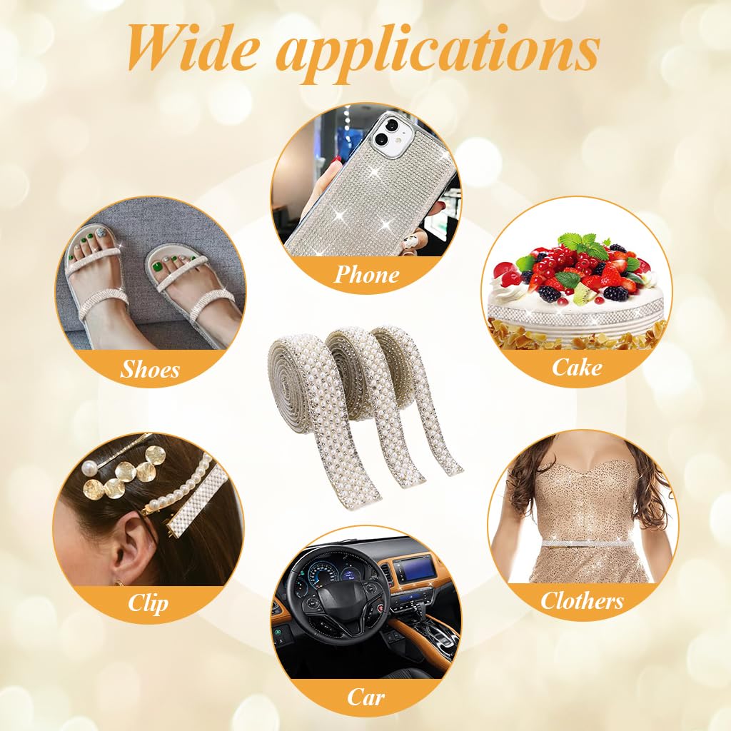 HASTHIP Pearl Rhinestone Ribbon Tape for DIY Crafts featuring Self Adhesive Design and 3 Rolls 1 Yard Each