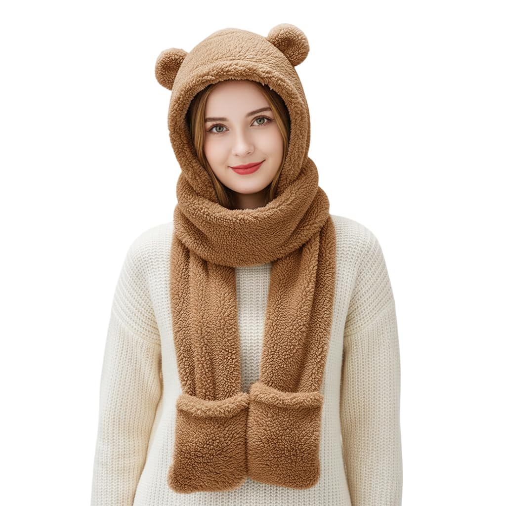SANNIDHI Winter Cap for Women featuring Bear Ear Scoodie with Fleece Scarf and Gloves | Cozy Gift