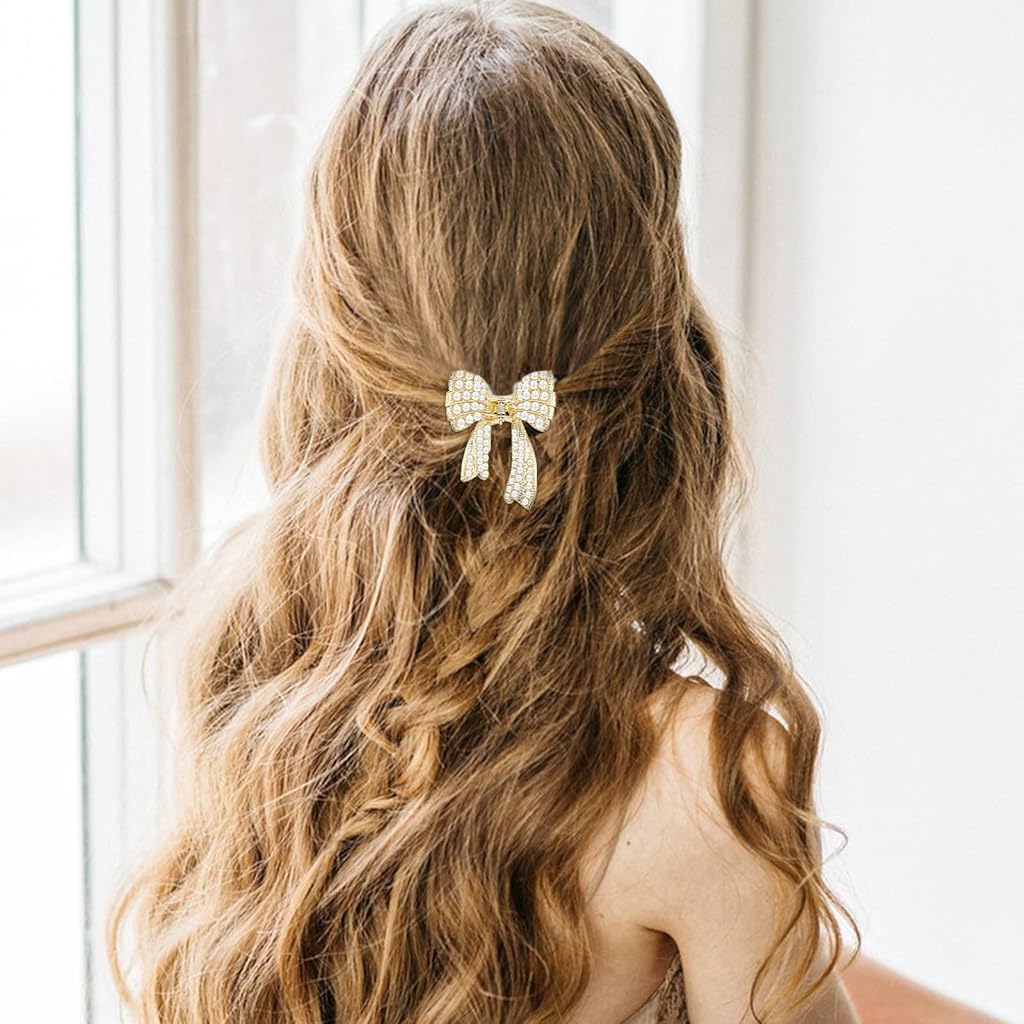 ZIBUYU Small Pearl Bow Hair Clips for Wedding with Golden Alloy Teeth | Non Slip Design