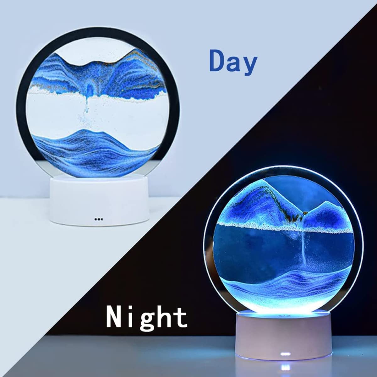 HASTHIP Moving Sand Art Desk Decoration for Relaxing Home Display with LED Light Base | Blue Glass Showpiece for Living Room and Office Decor