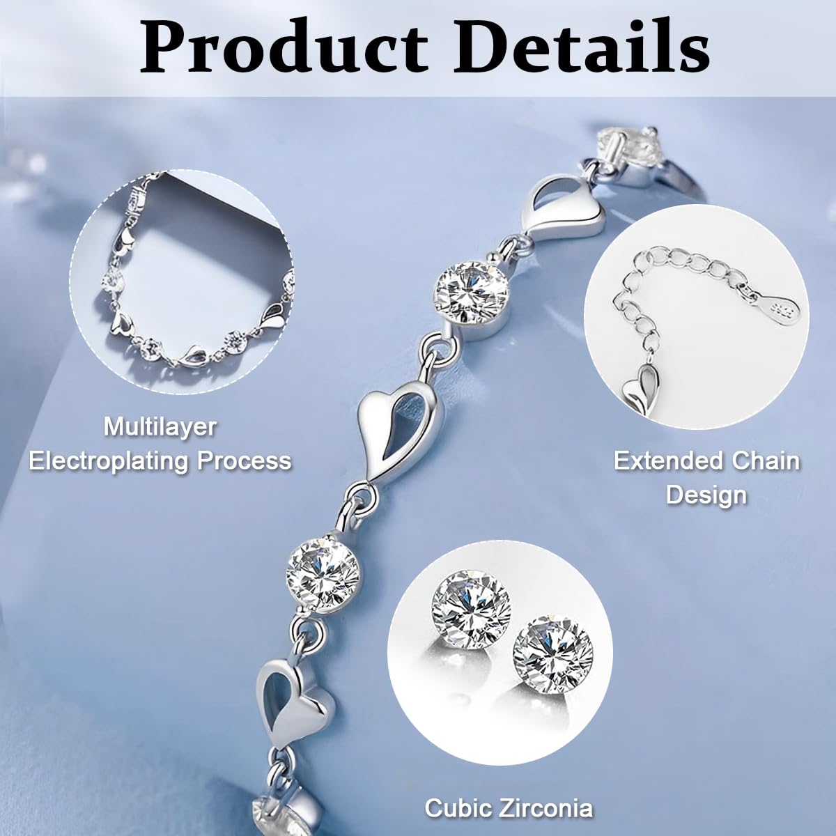 Venzina Chain Bracelet for Women featuring 6.5 in Adjustable Fit with Silver Zirconia Heart | Elegant Gift for Girls and Friends