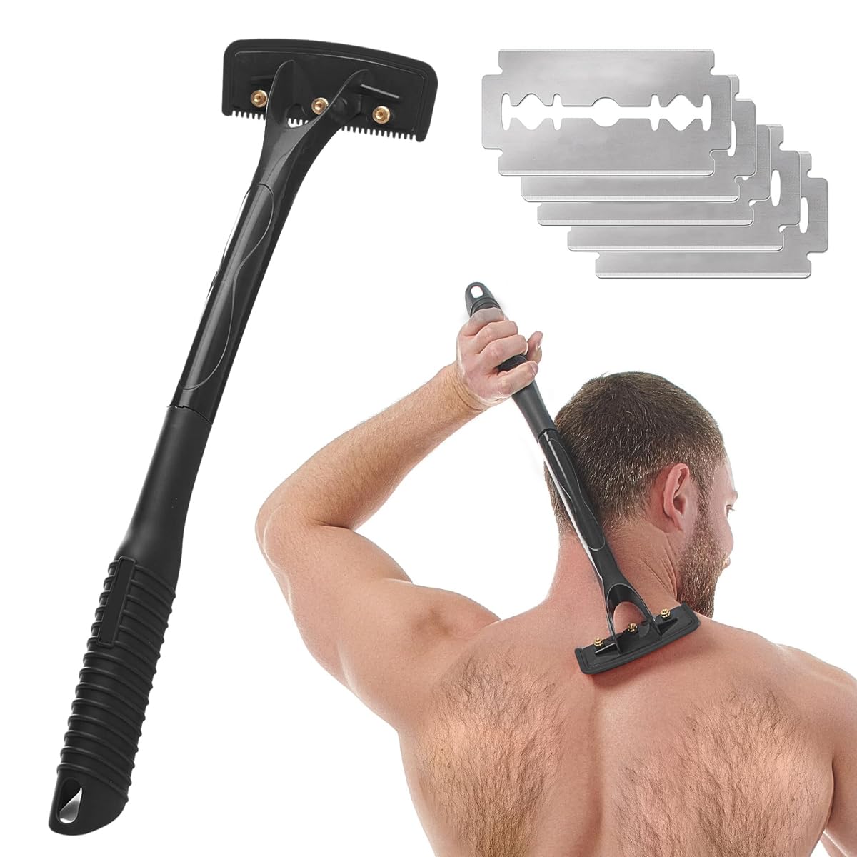 MAYCREATE Back Shaver for Men with 18.3 in Foldable Handle and Screw-Fixed Head | 5 Blades Included