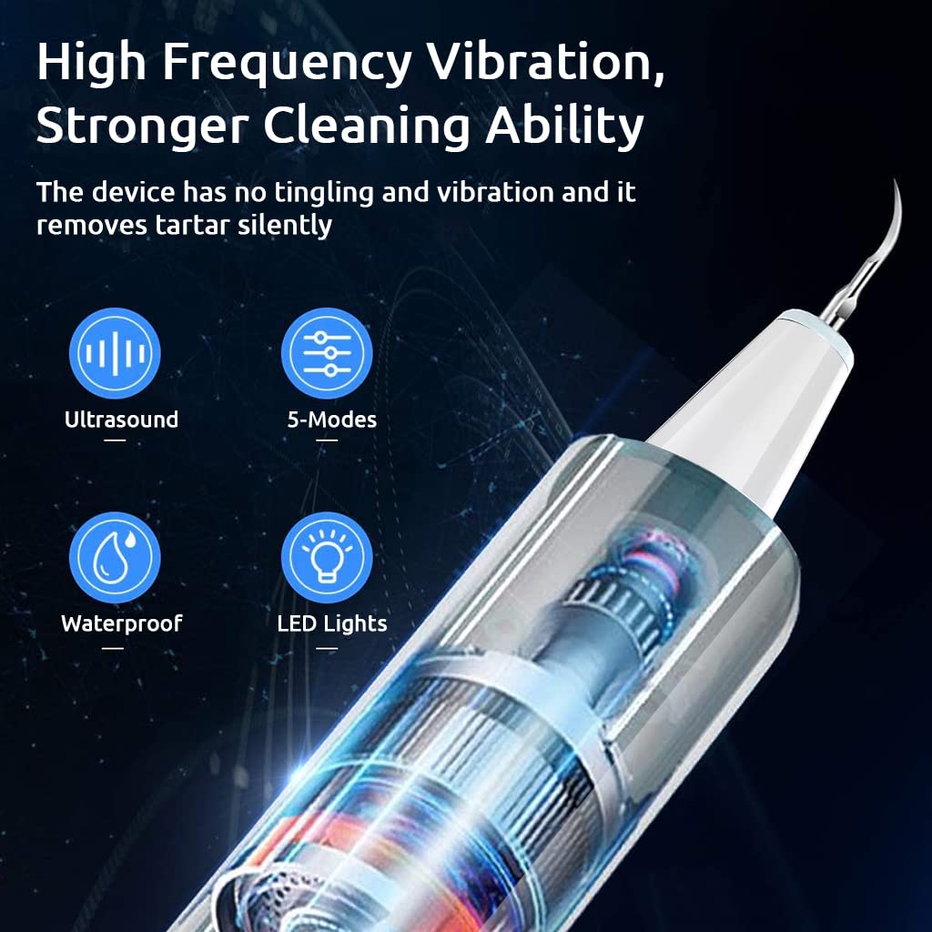 HANNEA Ultrasonic Tooth Cleaner Kit with LED Light and 5 Modes featuring IP67 Waterproof Design | USB Rechargeable 1500mAh Battery for Plaque and Tartar Removal
