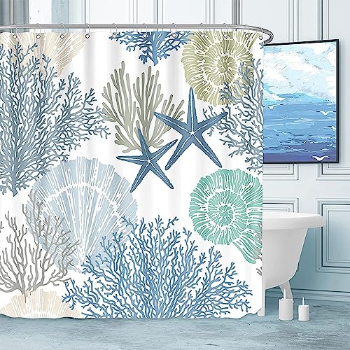 HASTHIP® Shower Curtain, 180 * 180CM Starfish Seashell Coral Beach Bath Curtain Ocean Themed Underwater Marine Decor for Bathroom with 12 Hooks, Style A