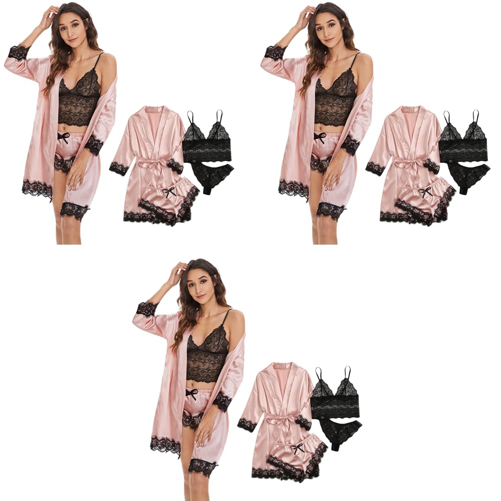 PALAY Women Lingerie Set for Nightwear with Silk Lace Robe and Black Bra Thong 12PCS