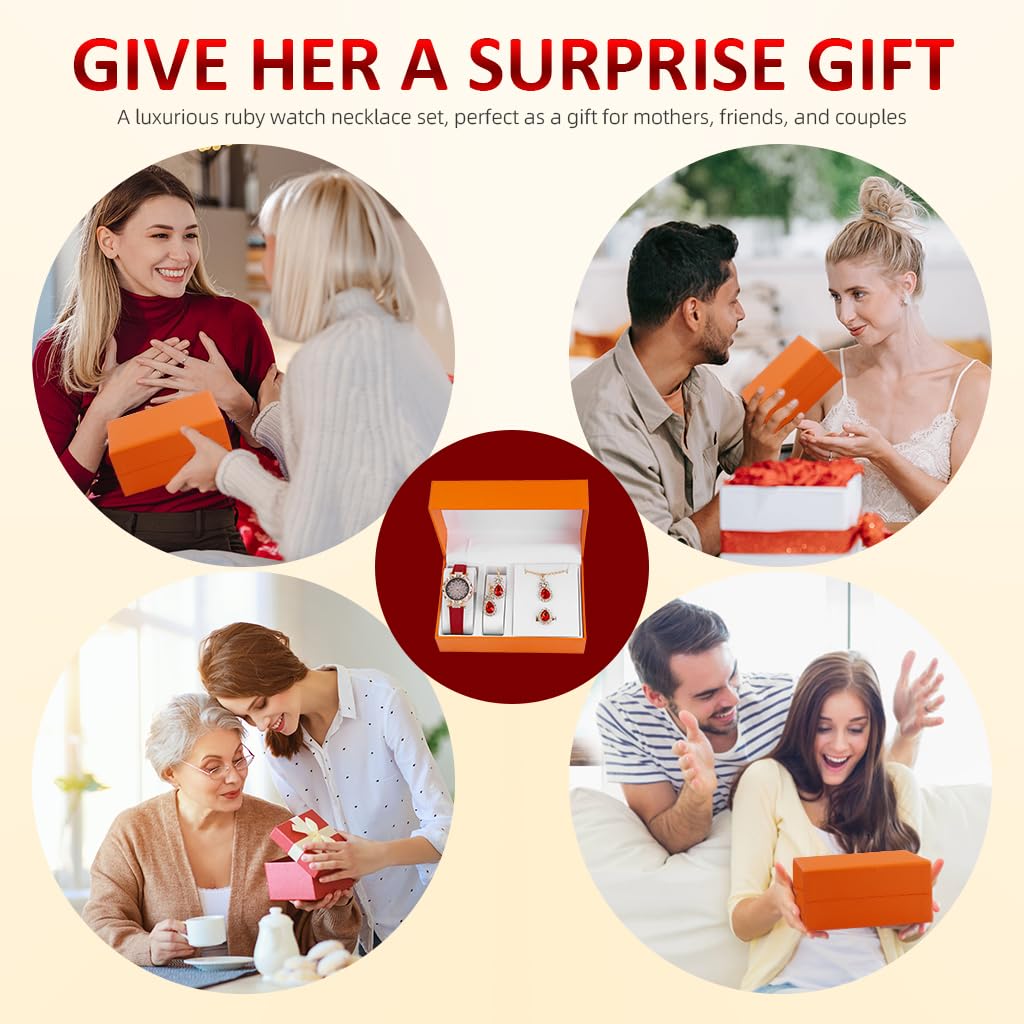 SANNIDHI Jewellery Set for Women with 5pcs Watch Necklace Ring and Earrings | Red Rhinestone Gift Ensemble