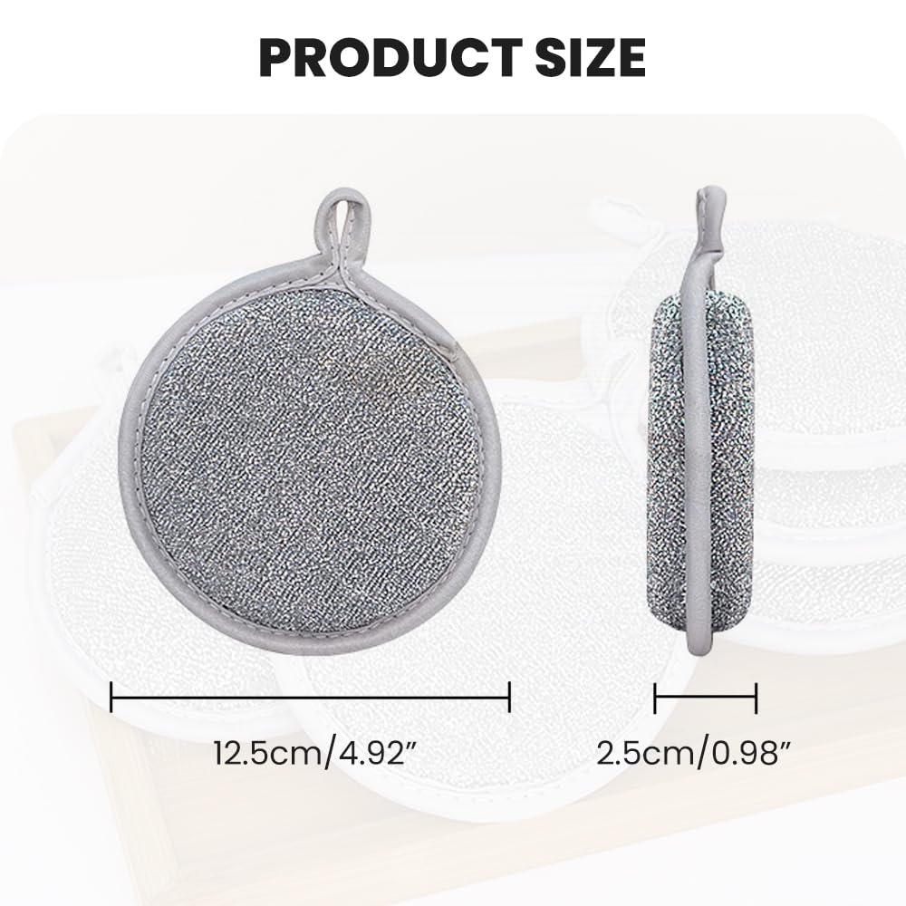 Supvox® 6Pcs Kitchen Dish Washing Sponge Cloth Double Side Stainless Steel Wire 4.7 Inches Round Kitchen Cleaning Rags with Hanging Loop Multipurpose Wet and Dry Use Non-scratch Kitchen Scrubbing Pads