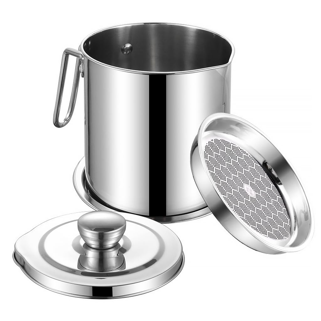 Supvox® Oil Container Oil Strainer 1.3L/45Oz Oil Pot with Lid & Handle 304 Stainless Steel Grease Keeper with Fine Mesh Strainer & Tray Oil Stainless Steel Oil Container Pot for Kitchen